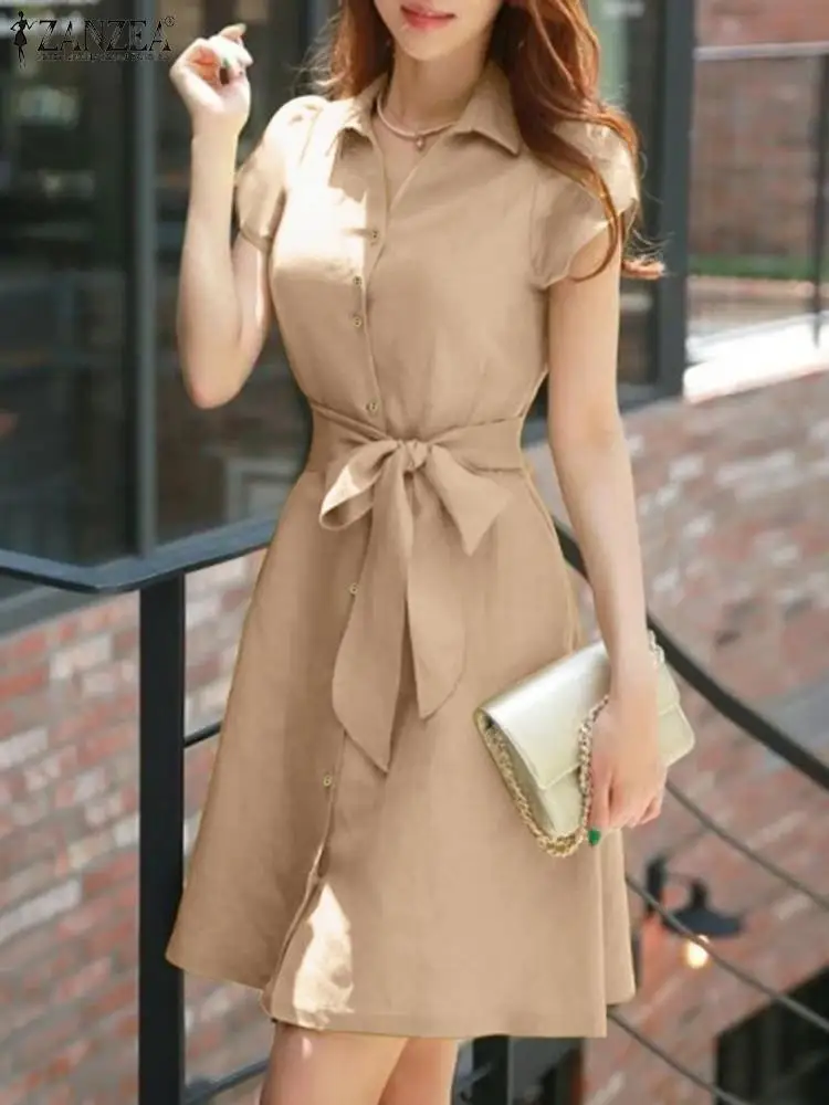 

2023 ZANZEA Summer Fashion Party Dress Woman Short Sleeve Lapel Neck Lace Up Sundress Casual Solid Robe Work OL Midi Vestidos