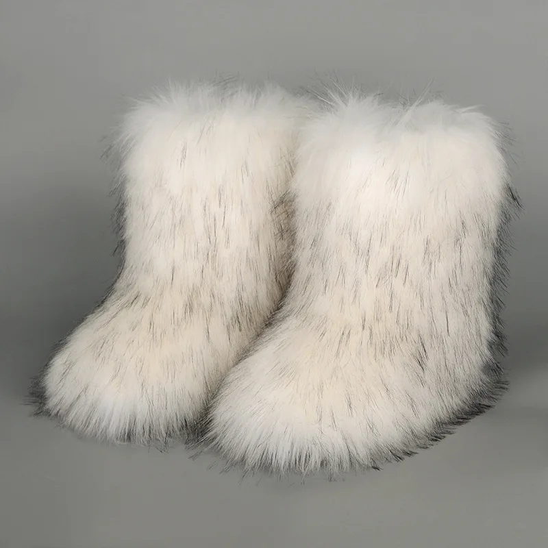 

New White Winter Fuzzy Boots Women Furry Shoes Fluffy Fur Snow Boots Plush lining Rubber Flat Outdoor Footwear Warm Ladies Shoes