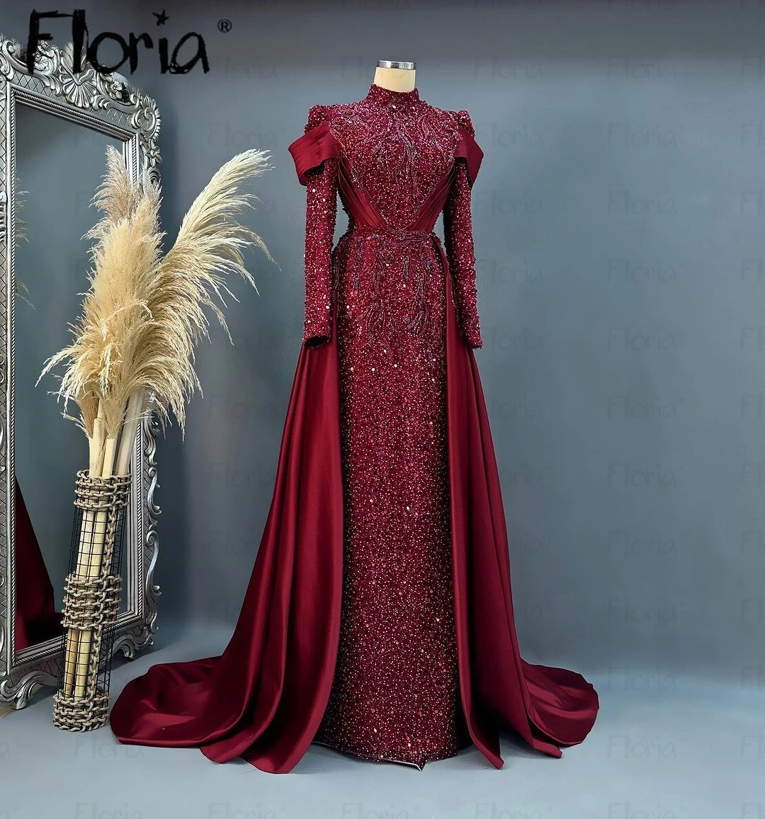 

Floria Elegant Burgundy Muslim Evening Dress 2024 for Women Arabic Long Sleeve Plus Size Custom Made Formal Wedding Prom Gowns