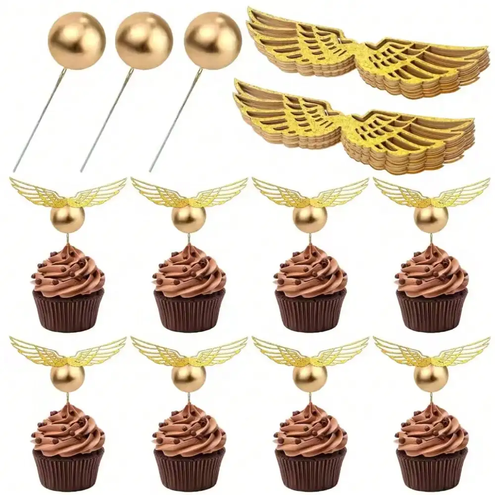 70 Stück goldene Flügel, runde Kugeln, Cupcake-Topper für Geburtstag, Babyparty, Party, DIY Cupcake, Dessert-Dekorationen – Detail 1