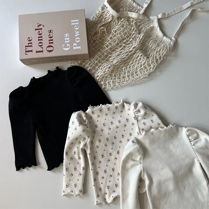Cotton Baby Long Sleeve Bottoming Shirts Solid Girls Puff Sleeve Floral Tops Autumn Winter New Infant Thick Warm T Shirts