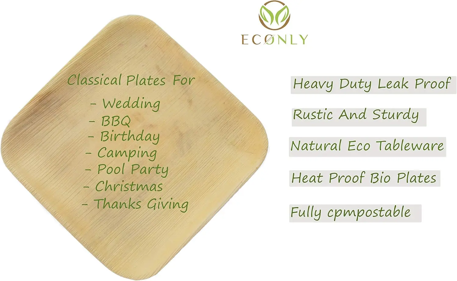 Disposable Party Plates Square 8" [200] Eco Friendly Palm Leaf Plates Biodegradable For Party,BBQ,Camping,Wedding Bamboo