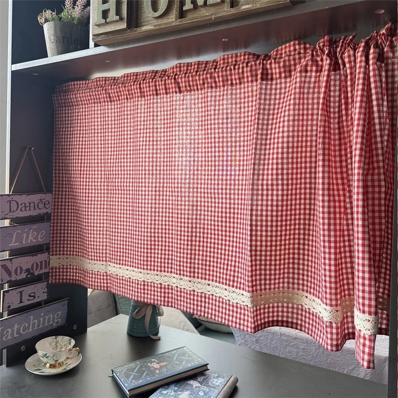 South Korea Red Plaid Short Curtains for Kitchen Japanese Lace Half Curtain Coffee Valance #A605 6