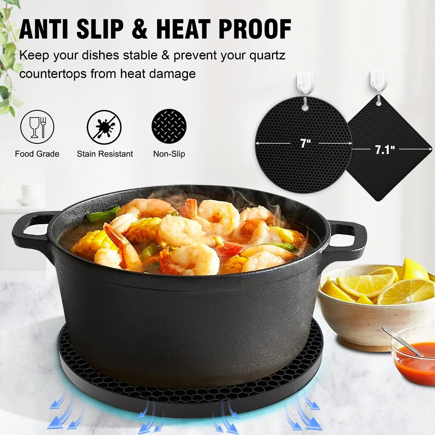 Silicone Mats 4 Heat Resistant Pot Holder Non-Slip Hot Pads Kitchen Potholders Hot Dishers Food Grade Silicone BPA Free