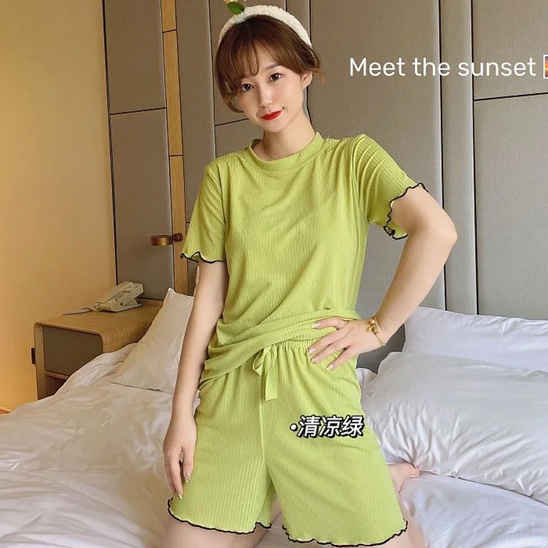 Summer new sweet 2021 lace short sleeve two piece housewear pajamas