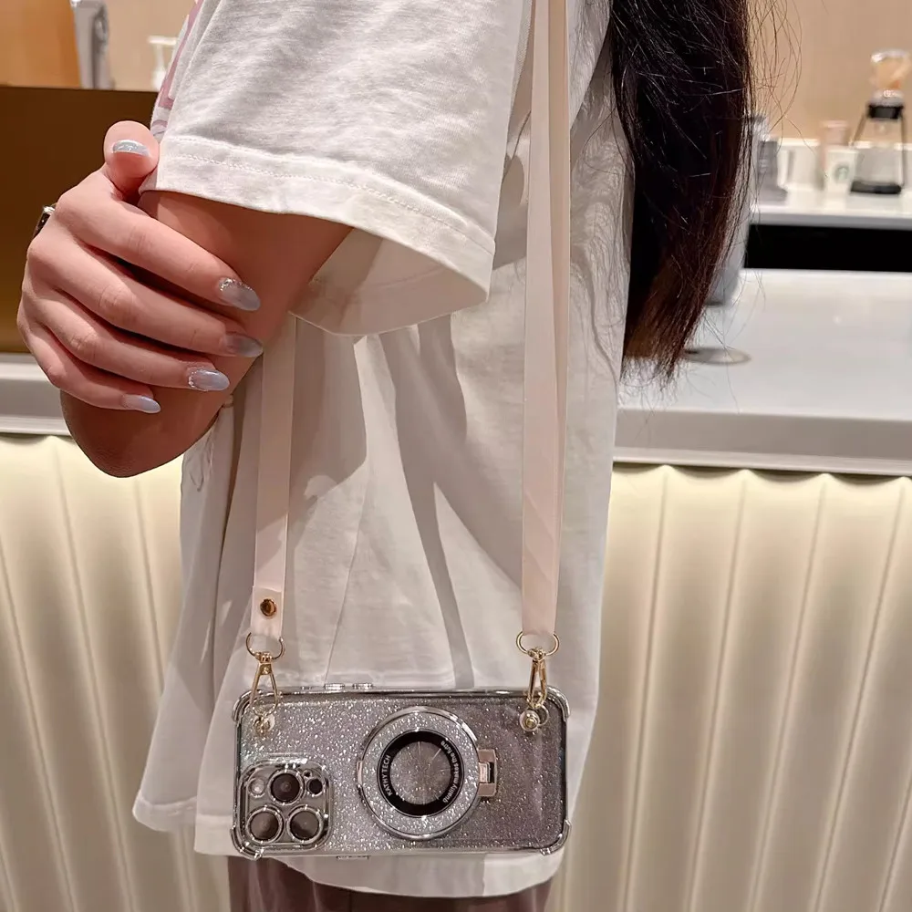 Shockproof Glitter Lanyard Case with Plating and Phone Holder Bracket Cover