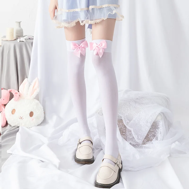 

Over Knee White Bow Lolita Stocking Sexy Suspender Tube Silk Thigh High Cute Maid Stocking Transparent Stockings Long Sock