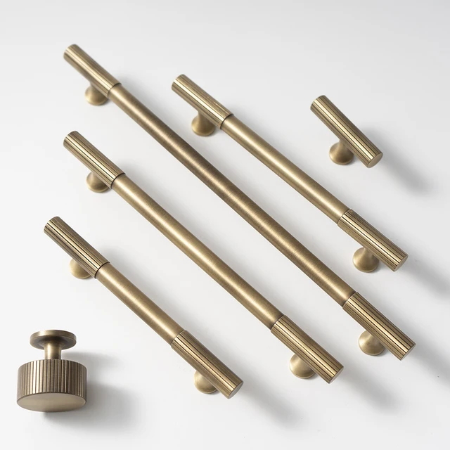 Antique Bronze ทองเหลืองตู้จับและลูกบิด Linear Knurled ทองเหลืองลิ้นชัก T Bar ห้องนอนห้องครัวตู้ฮาร์ดแวร์ 1