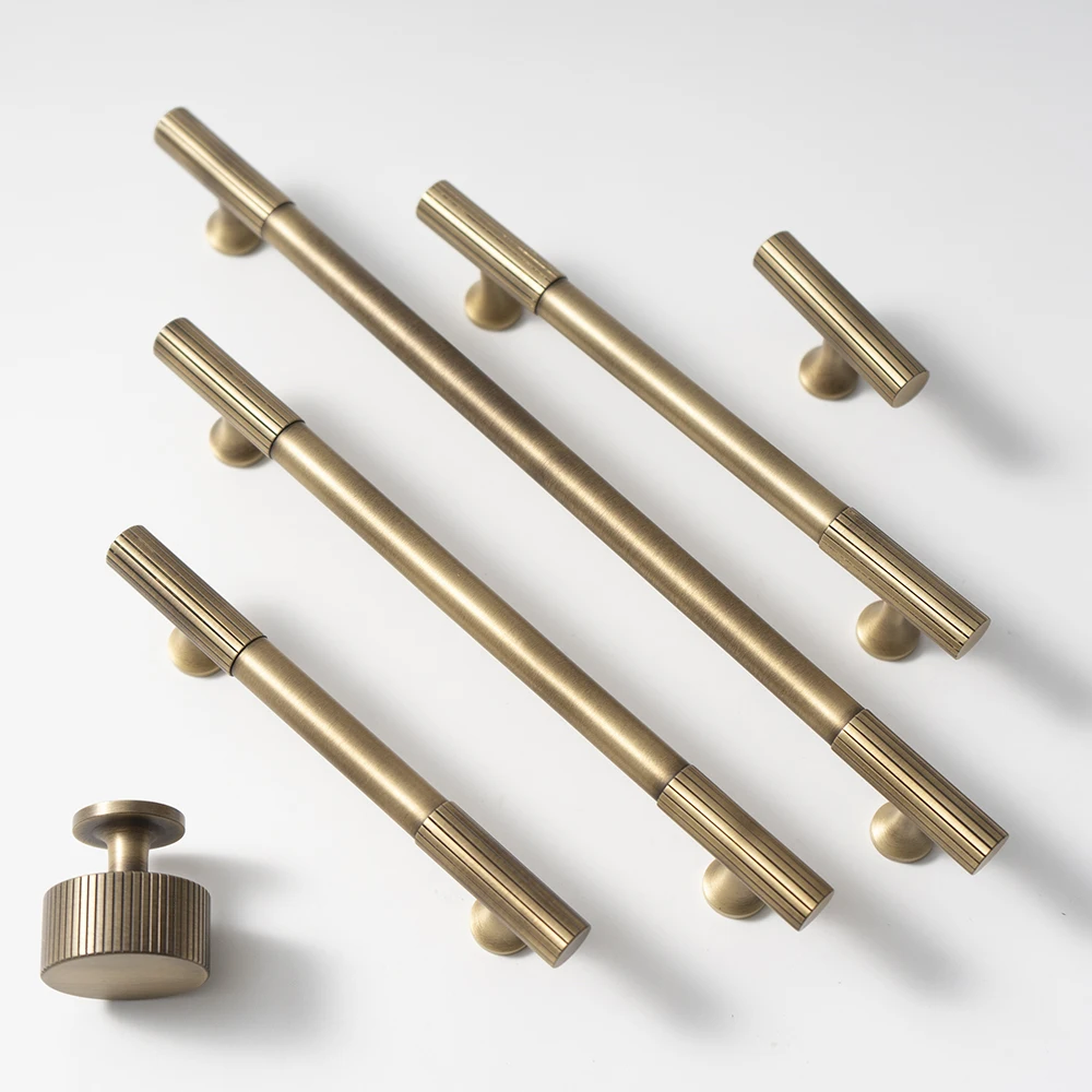 Antique Bronze Brass Cabinet Handle e Knob Linear Recartilhado Sólido Gaveta Botões t Bar Quarto Cozinha Hardware Armário