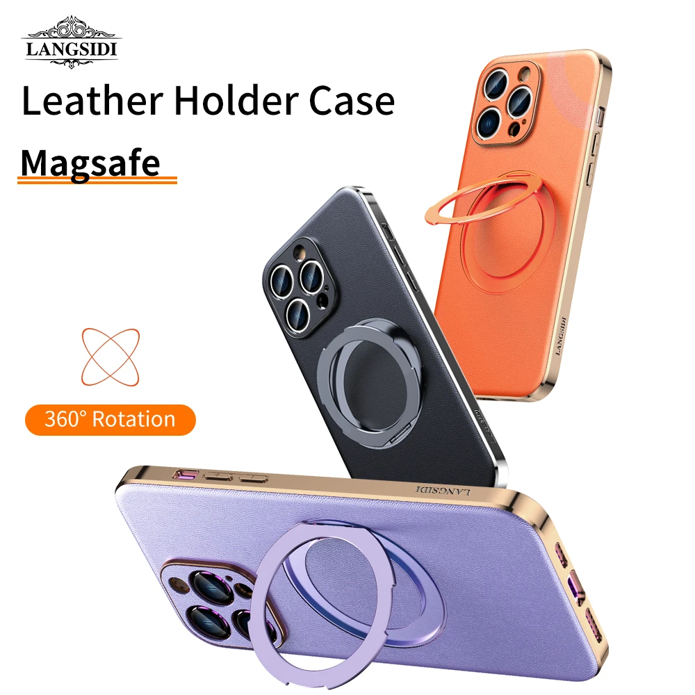 

for Magsafe Phone Case Leather Magnetic Holder for iPhone 15 14 12 13 Pro Max 14Pro Ring Plating Lens Protection Back Cover