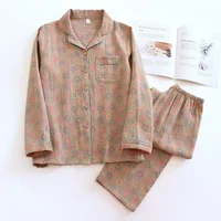 2026 new spring and summer women's pajamas suit long-sleeved trousers two-piece 100% cotton crepe flower leaves home clothes - Image 3