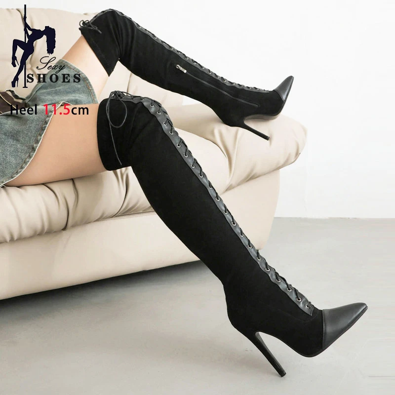 Women Stiletto Heel Long Boots Sexy Fetish Suede Lace-up Shoes Size 34-46 Fashion Pointed Over-the-Knee Boots Black Ladies Shoes