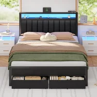 Bed Frame with Charging Station and LED Lights, Grey Upholstered Headboard with Shelves, Metal Platform Bed, Customized