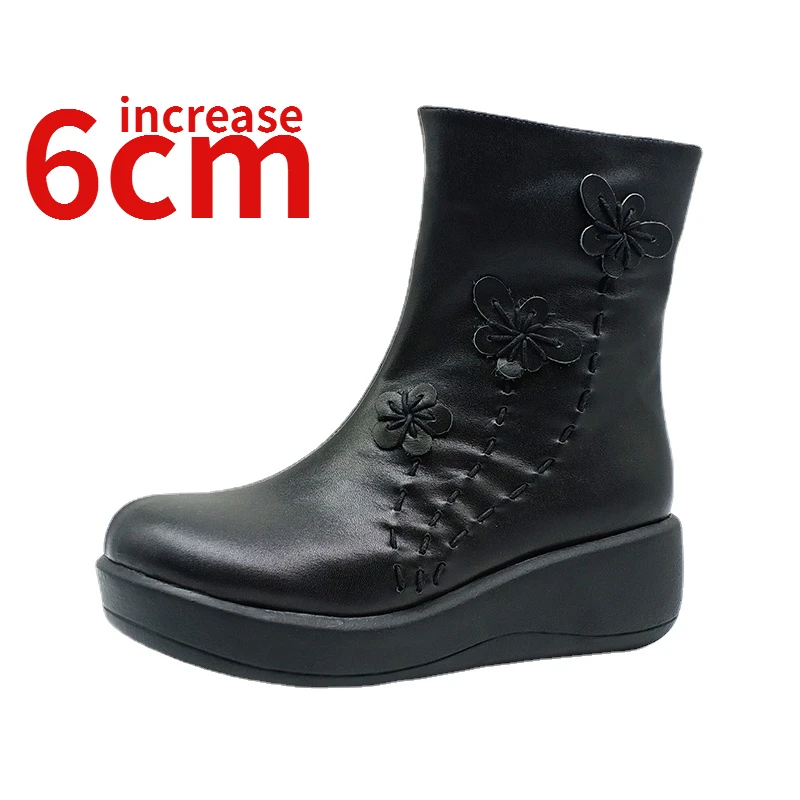 

Genuine Leather Hand Sewn Side zipper Shoes for Women's Increased 6cm Bottom High Instep Embroidery Comfortable Mid Length Boots