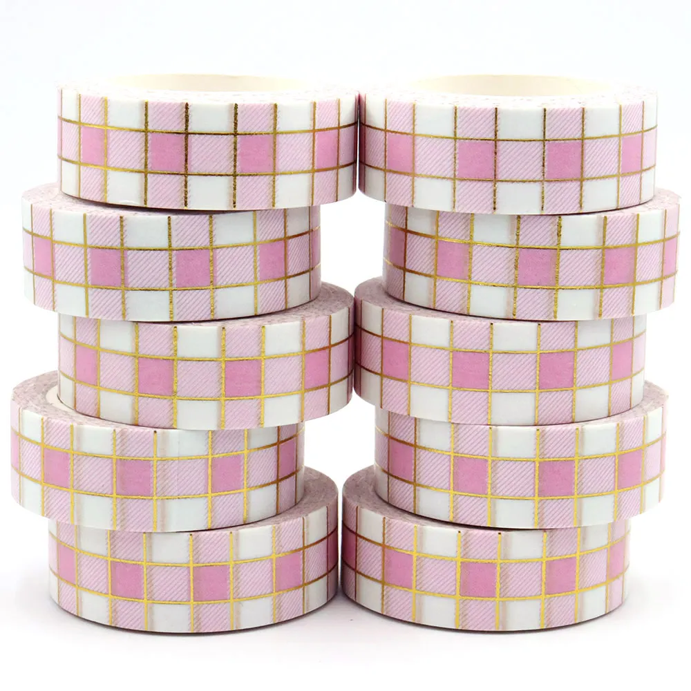 

NEW 10pcs/Lot 15mm*10m Gold Foil Buffalo Plaid Pink Stripes Decorative Washi Tape Stationery Colourful Tape Office Supplies