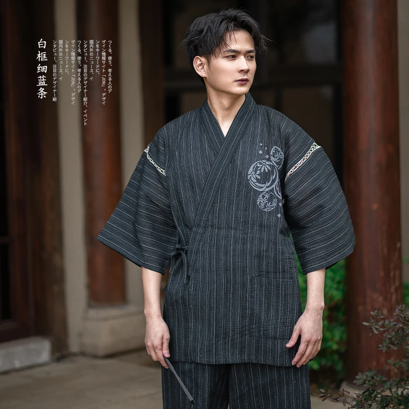 Traditional Japanese Pajamas Sets Men Yukata Kimono Cotton Male Loose Japan Home Clothing Sleepwear Bathrobe Leisure Wear