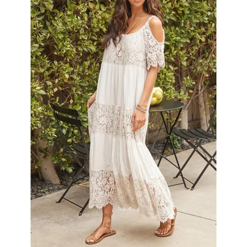 White Lace Beach Dress Women Summer V Neck Hollow Out Boho A-line Dress Fashion Elegant Embroidery Holiday Mini Dresses Vestidos