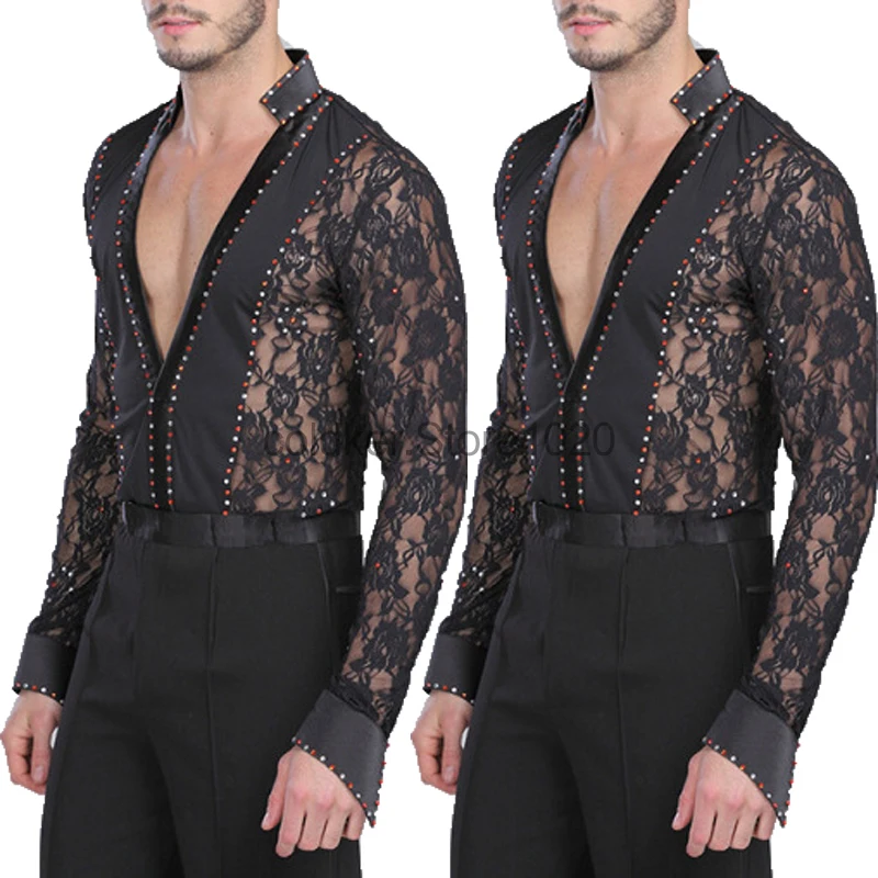Men's Latin Dance Costume Black White Hollow Lace Leotard Bodysuit Cha-Cha Tango Rumba Dance Performance Shirt For Male dance dress,dance shirts,dance bodysuit