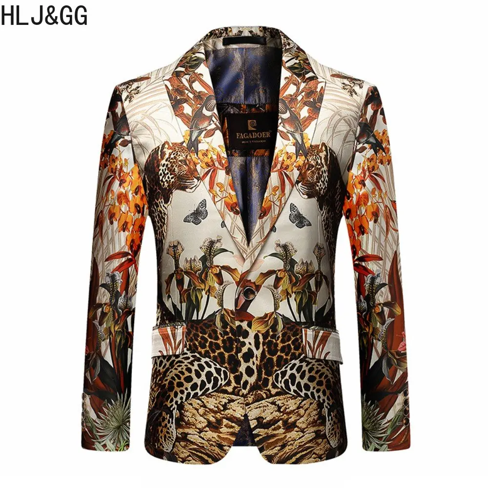 HLJ&GG New High Quality Flower Printing Suit Jacket for Man Fashion Slim Business Wedding Party Host Singer Perform Clothing