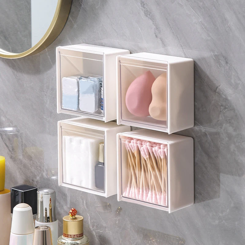 1pc Wall Mounted Cotton Pad Storage Boxes Dustproof Bathroom Organizer For Cotton Swabs Makeup Adhesive Jewelry Holder Box 4