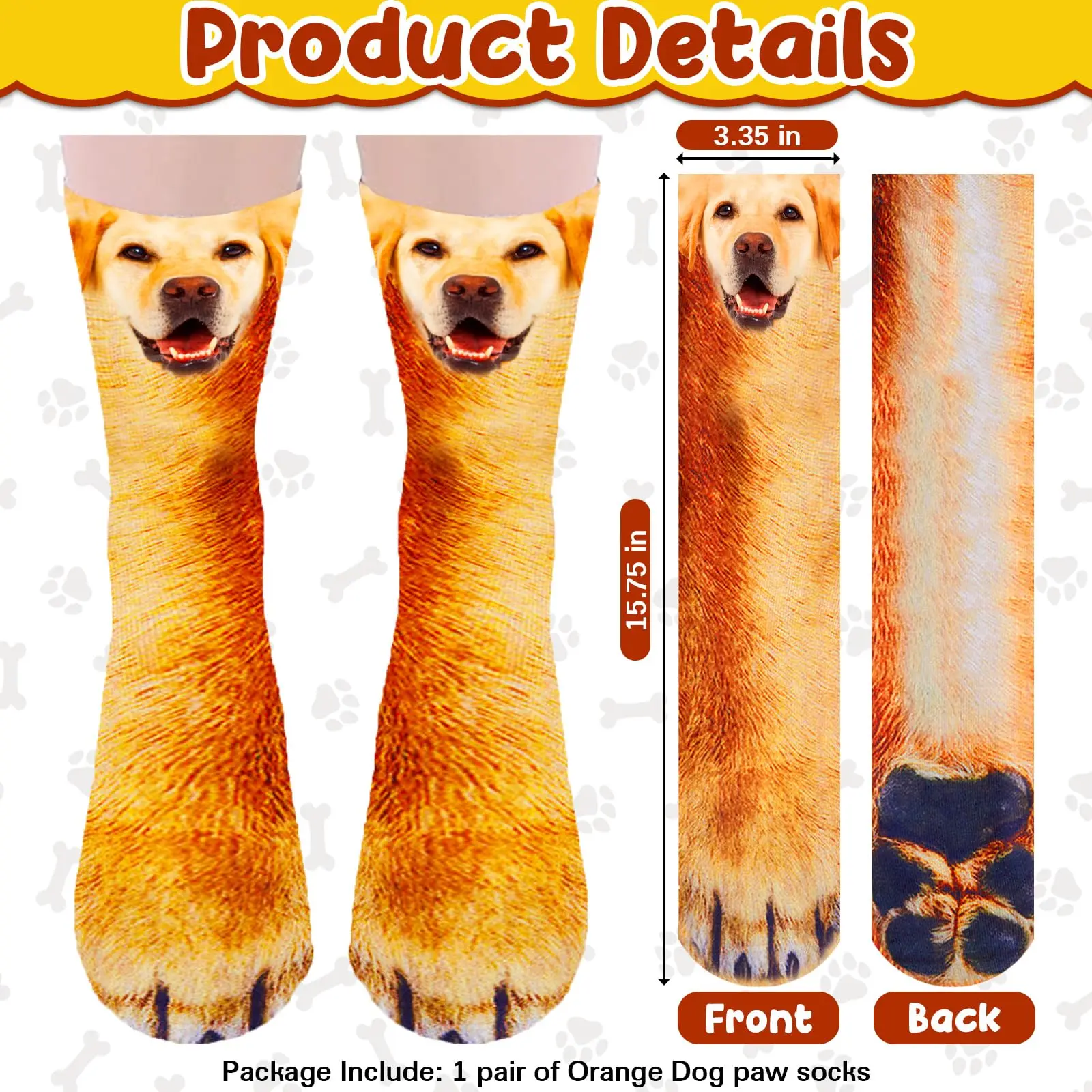 Dog Funny Animal Paw Socks Crazy Novelty Claw Socks Christmas Stocking Stuffers 3D Dog Orange Paw 1 Pair
