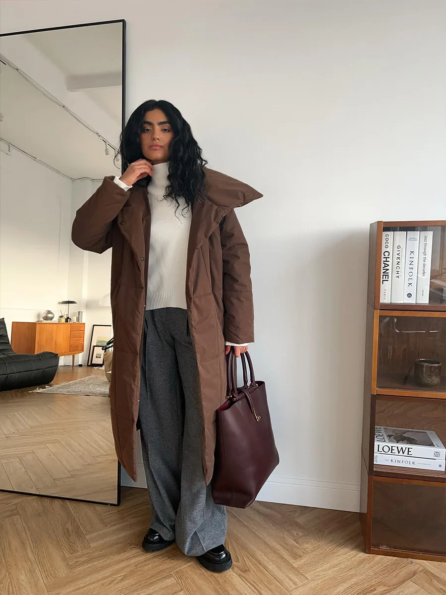Winter Female Parkas Outwear Loose Lace-Up High Waist Long Sleeve Pocket Lapel Bandage Coat For Women Solid Parkas
