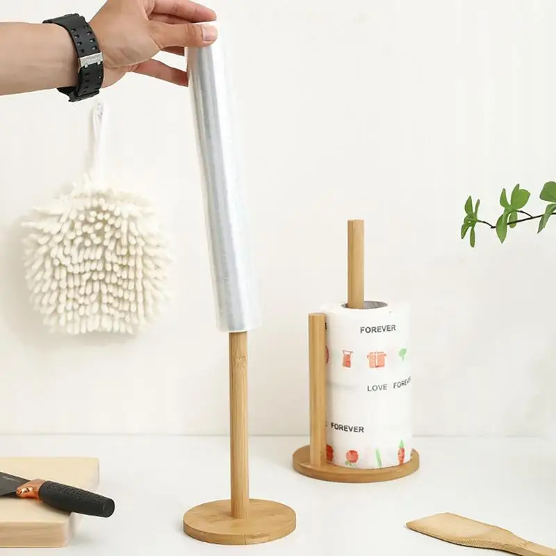 Wood Paper Towel Holder Kitchen Roll Paper Towel Holder Bathroom Tissue Vertical Stand Anti-Skid Base Paper Towel Storage Holder