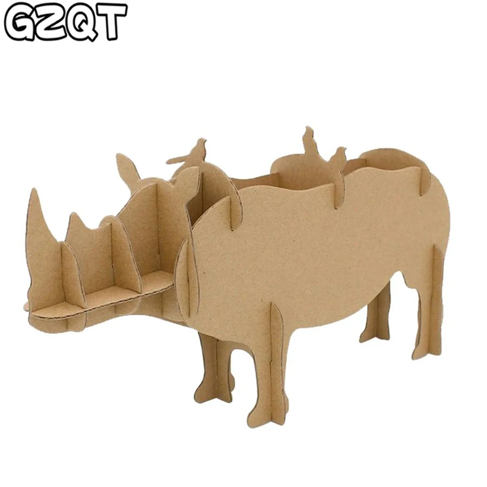 DIY Draw Cardboard 3D Puzzle Jigsaw Handmade Assembly Rhinoceros Pen Holder Storage Box Model Kids Puzzle Toys for Children Gift 3d wooden puzzles diy assembly house tree water mill architectural model children s educational toys kids boys birthday gifts