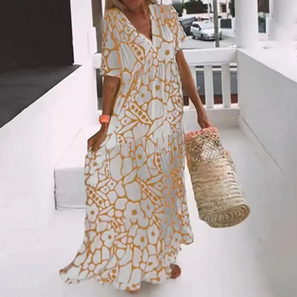 

Women Printed Long Dress Stylish Women's V-neck Print Long Dress for Beach Wear Elegant Comfortable Eye-catching for Women
