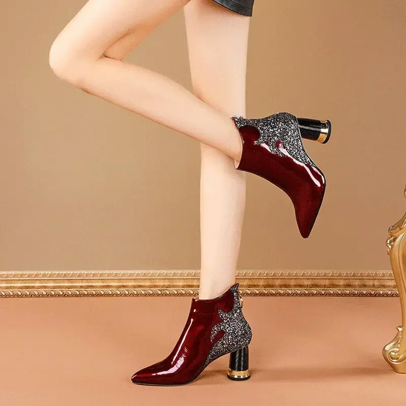 Luxury Women's Red Short Boots New  Autumn Winter Fashion Trend Plush High Heels Party Wedding Casual Shoes Travel Dancing 2024 3