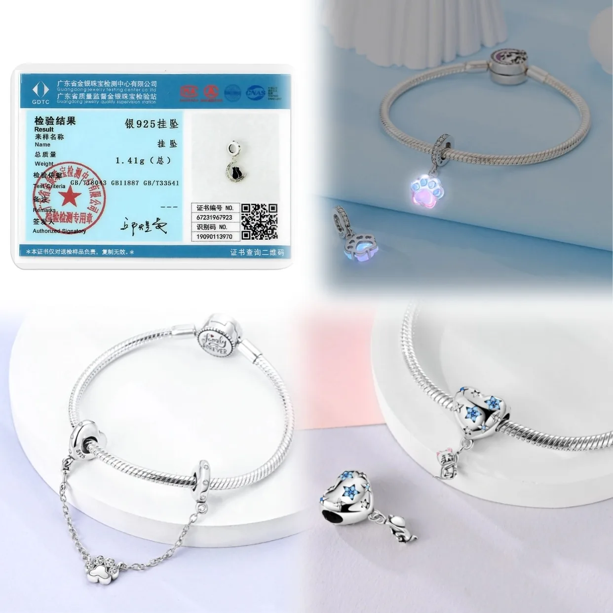 Pink Cat Paw Charms 925 Original Silver Blue Zircon Animal Black Cat Lovely Dog Charm DIY Fit Bracelet For Women Jewelry Gift 6
