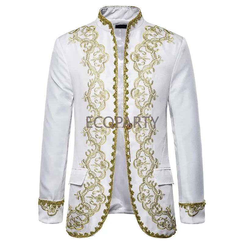 Men's Black Single Button Embroidery Suit Jacket Brand Stand Collar Slim Fit Wedding Groom Blazer Men Stage Singer Costume Homme 4