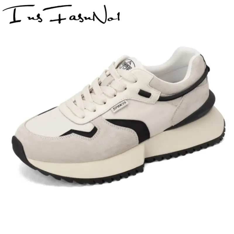 

Genuine Leather Mixed Colors Thick Sole Women Sneakers Round Toe Breathable Lace Up Flats Platform Casual Chunky Sports Shoes