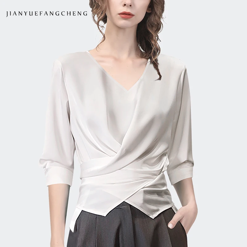 Fashion Summer Short Sleeve V-Neck Women Satin Top Solid Color