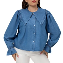 

Denim Shirt New Women's Plus Size Casual Ruffle Sleeve Cute Doll Collar Denim Shirt Blue Loose Lotus Leaf Sleeve Denim Blouse