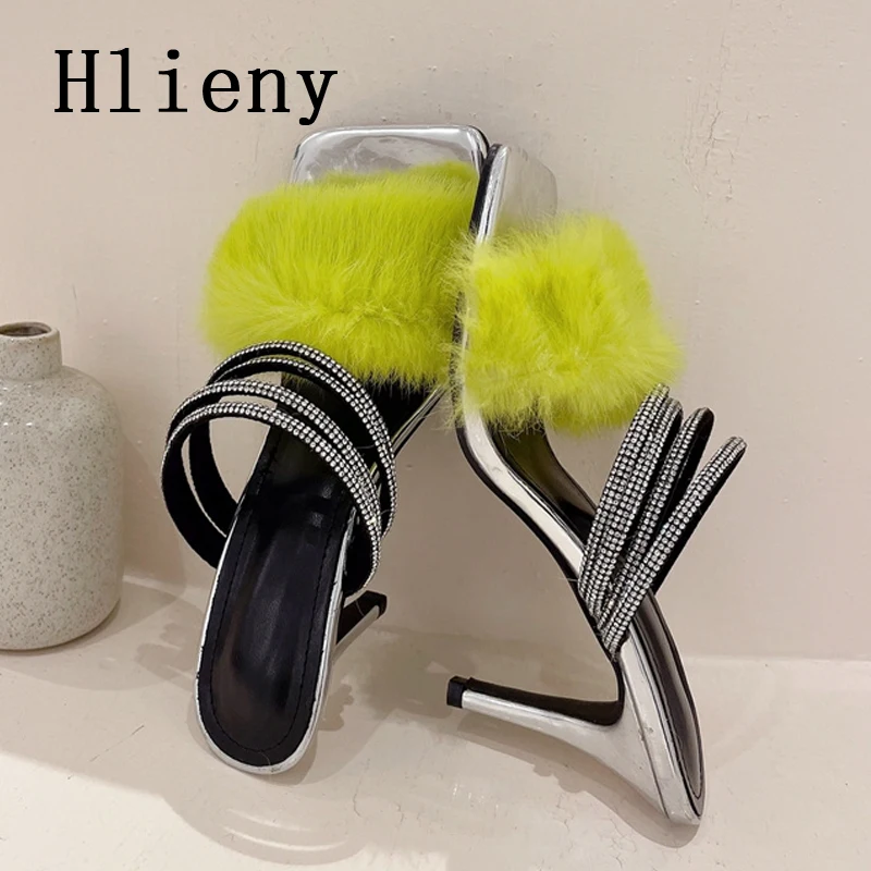 

Летние модные пушистые женские тапочки Hlieny с кристаллами, квадратный носок, высокие каблуки, сланцы, женские сандалии с квадратным носком, женская обувь