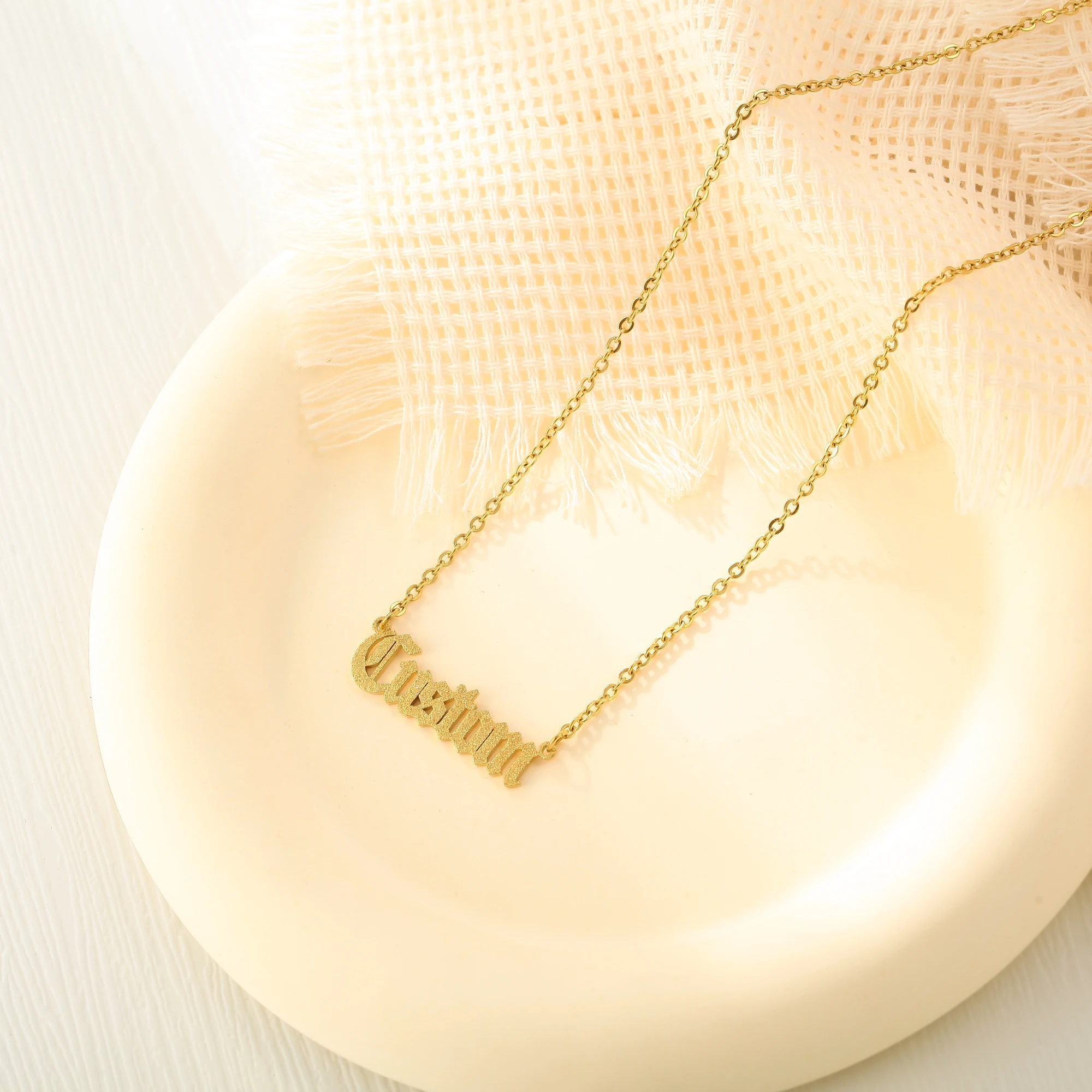 Frosted Customized Gold Necklace With Rolo Chain Old English Font Name Necklace Personalized Jewelry For Girlfriend Gift