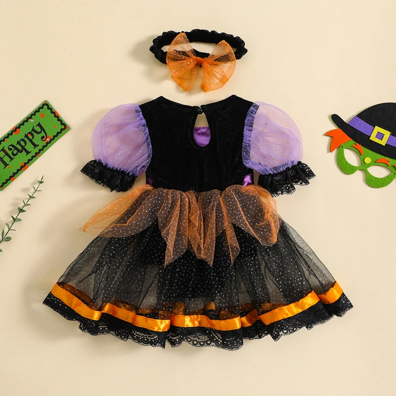 Baby Girl Dress Newborn Baby Girl Halloween Witch Costume Outfit Puff Sleeve Tulle Patchwork Romper Dress with Headband Halloween Clothes girls dress baby jumpsuit baby girl dress