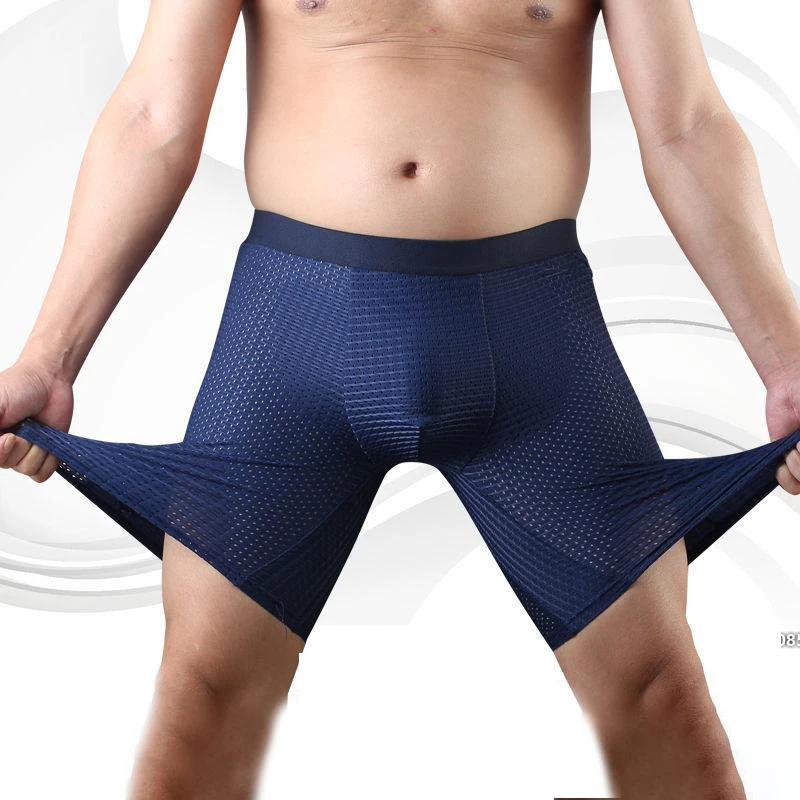 Men Plus Size Long Leg Boxer Shorts Panties Quick Dry Ice Silk Mens Underpants Cueca Mesh Holes Breathable Sexy Underwear Boxers men ultra thin t back sexy sheer mesh smooth underwear ice silk comfortable underpants breathable quick dry soft bikini thongs