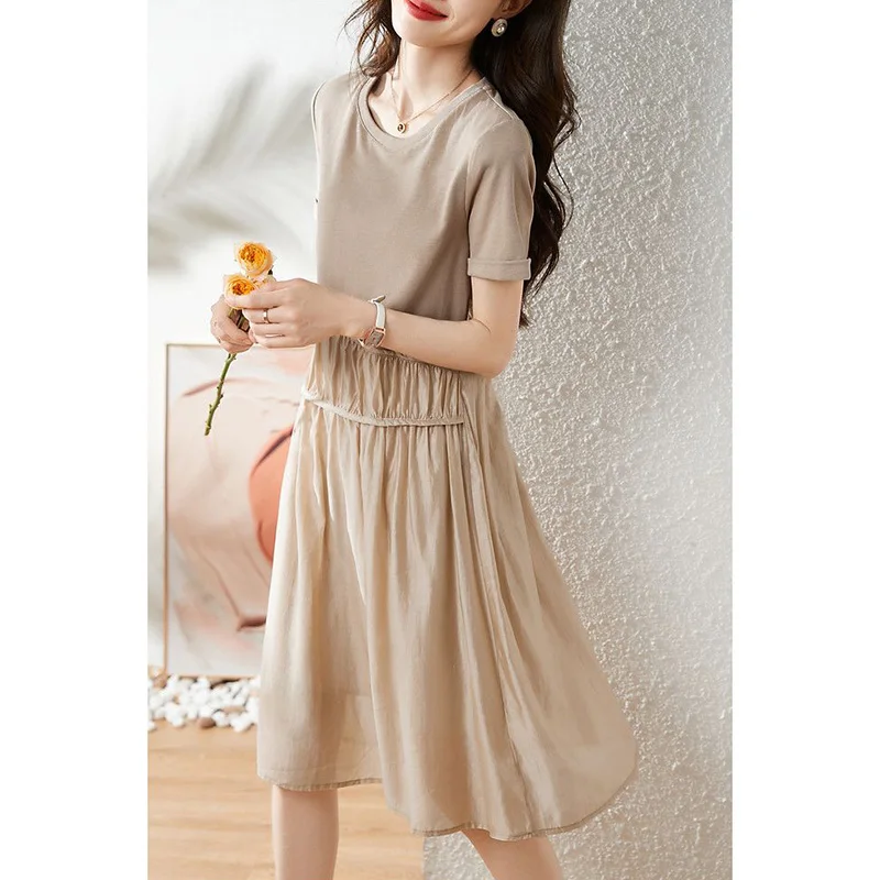 Fashion O-Neck Spliced Folds Short Sleeve Dress Women's Clothing 2024 Summer New Loose All-match Solid Color Party Dress