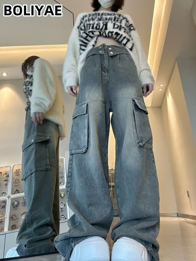 

Boliyae Blue Multipocket Cargo Pants Women Y2K Fashion Vintage Baggy Jeans Harajuku Streetwear Straight Wide Leg Denim Trousers