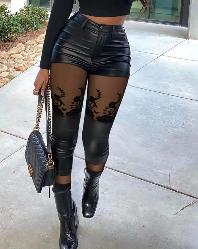Women's Urban Style Trousers 2024 Spring/Summer Latest Casual Sexy Contrast Lace Zipper Button Daily PU Leather Tight Pants