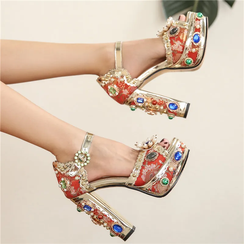 

High Heels Rhinestones Wedding Sandals Shoes Women Open Toe Satin Zipper Back Strap Evening Party Summer Ladies Sandals 34-43