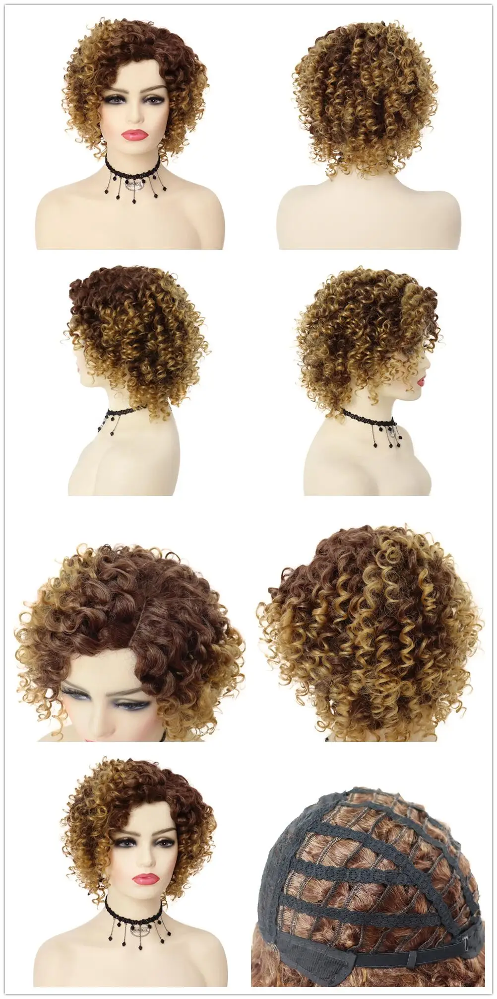 Synthetic African American Wig Natural Synthetic Short Afro Kinky Curly Wig Female Hair Ombre Brown Waving Wig for Woman Sale