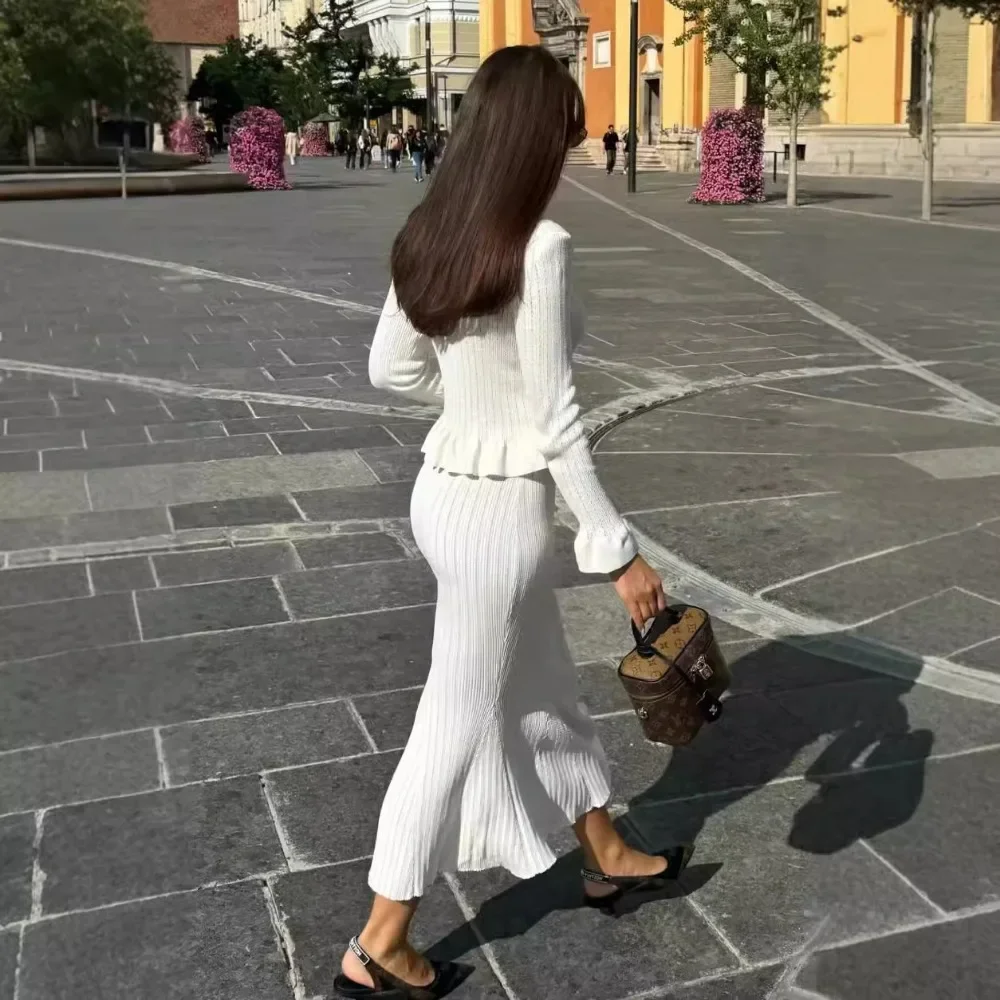 Elegant Knitted Skirt Sets Women Fashion Ruffle Sweater and Midi Outfits Autumn Winter Long Sleeve Slim Party Two Piece Set 2024 5
