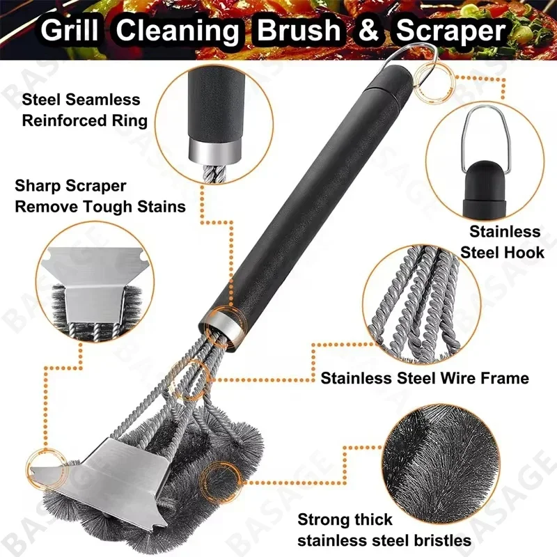 Heavy Duty Safe Grill Brush-Bristle Free BBQ Grill Brush with Rust Resistant Stainless Steel Woven Wire