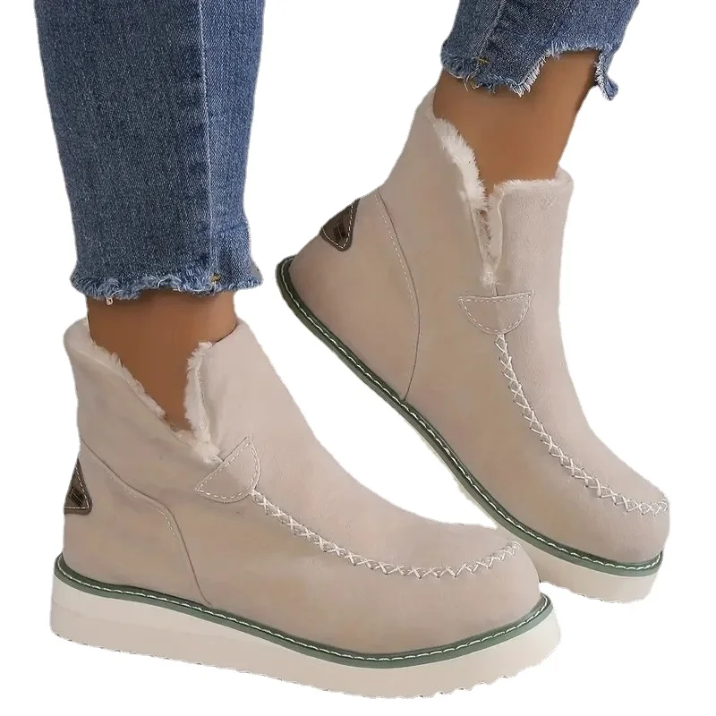 2023 New Women's Shoes Slip on Women's Boots Winter Plush Warm Round Toe Solid Flock Casual Short Barrel Low-heeled Snow Boots