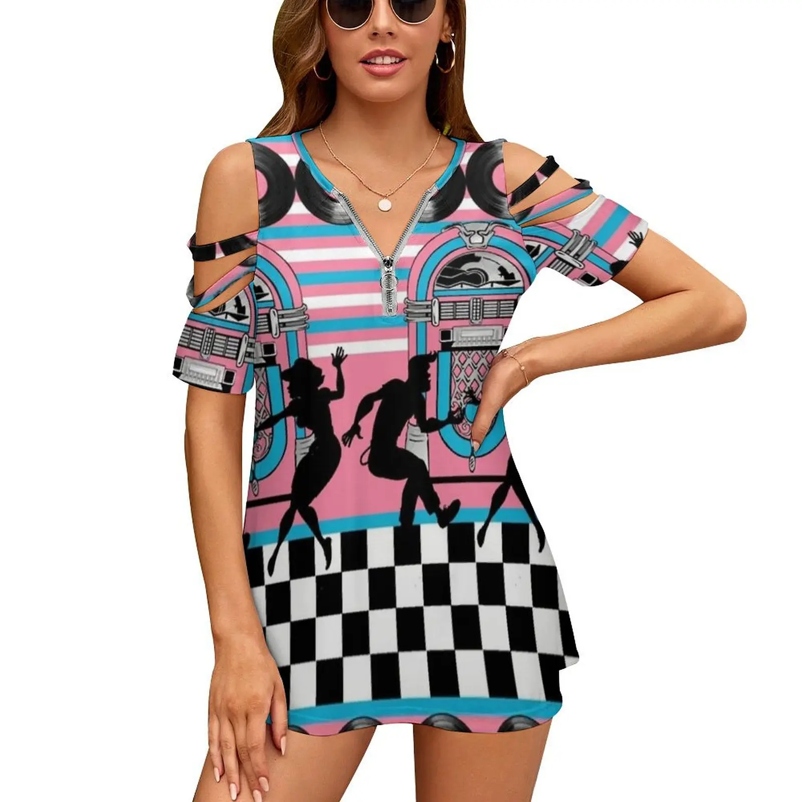 Rock-A-Billy Women Zipper Sexy Printed Vintage T-Shirt Top Full Print T-Shirt Jitterbug Dance Jukebox 50S 1950S Elvis Roll