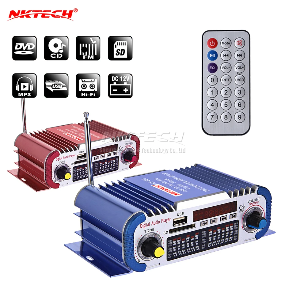

NKTECH HY-601 Car Digital Player Audio Power Amplifier 2x20W Hi-Fi Stereo FM Radio TF USB DVD MP3 IR Remote Controller DSP Sound