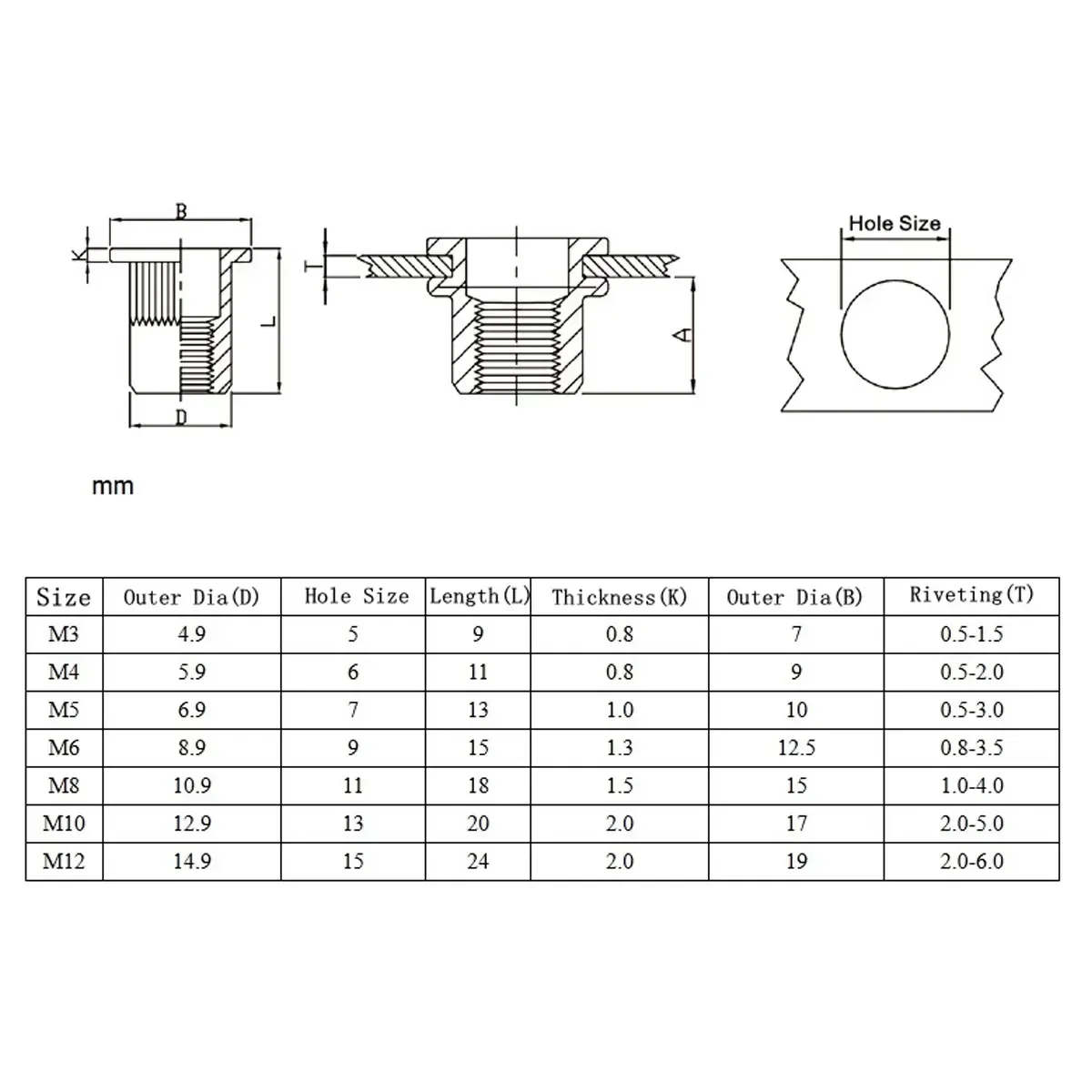 M3 M4 M5 M6 M8 M10 Zinc Plated Knurled Nuts Rivnut Flat Head Threaded Rivet Insert Nutsert Cap Rivet Nuts 10/20Pcs